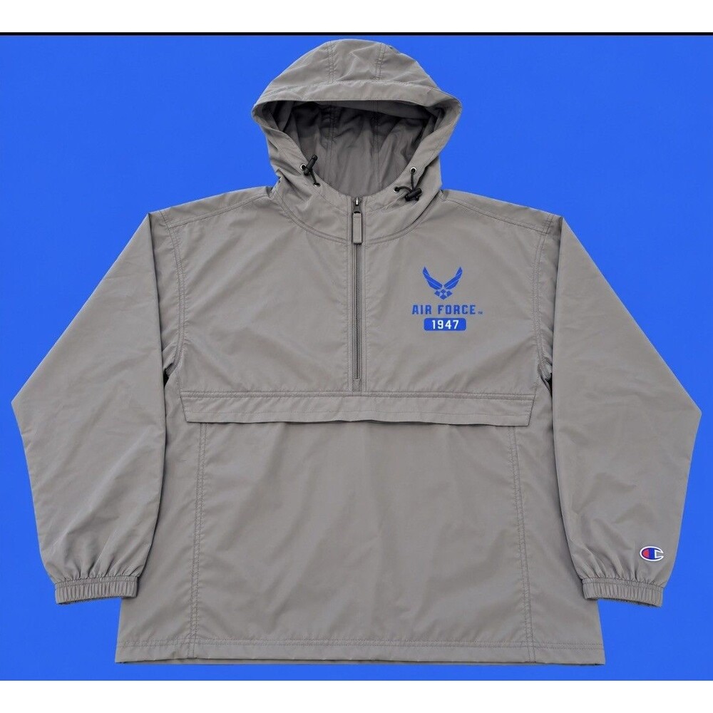 Champion Air Force 1947 Gray Hooded Windbreaker Pullover Men’s 2XL Jacket